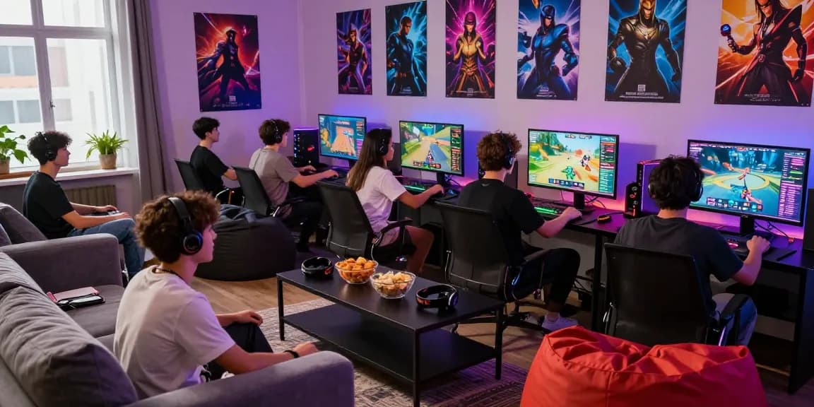Young adults enjoying a lively gaming session at home with electronic games, featuring the keyword situs slot.