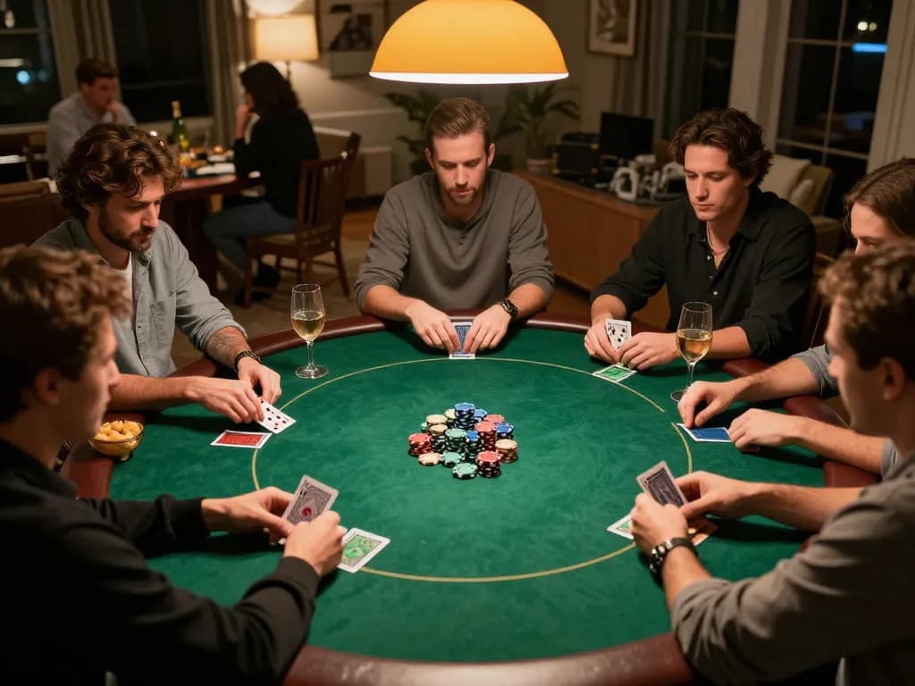 Players engaging in a thrilling poker game at lc88 home game night with cards and chips