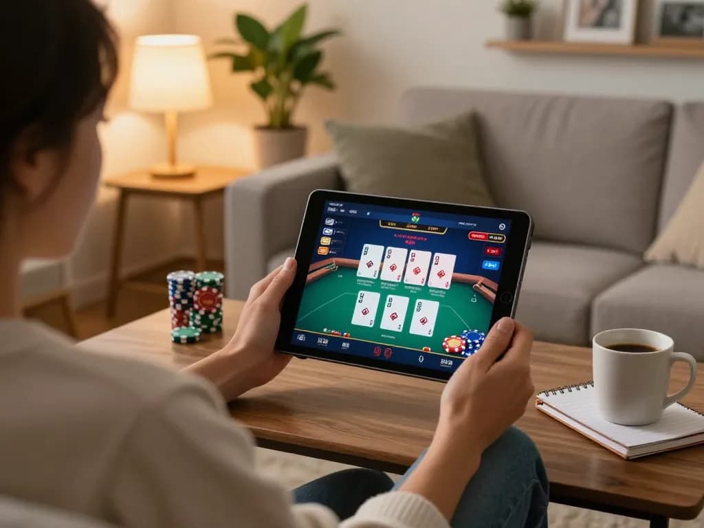 Engaging in the online poker game 90P at home, illustrating responsible gambling habits