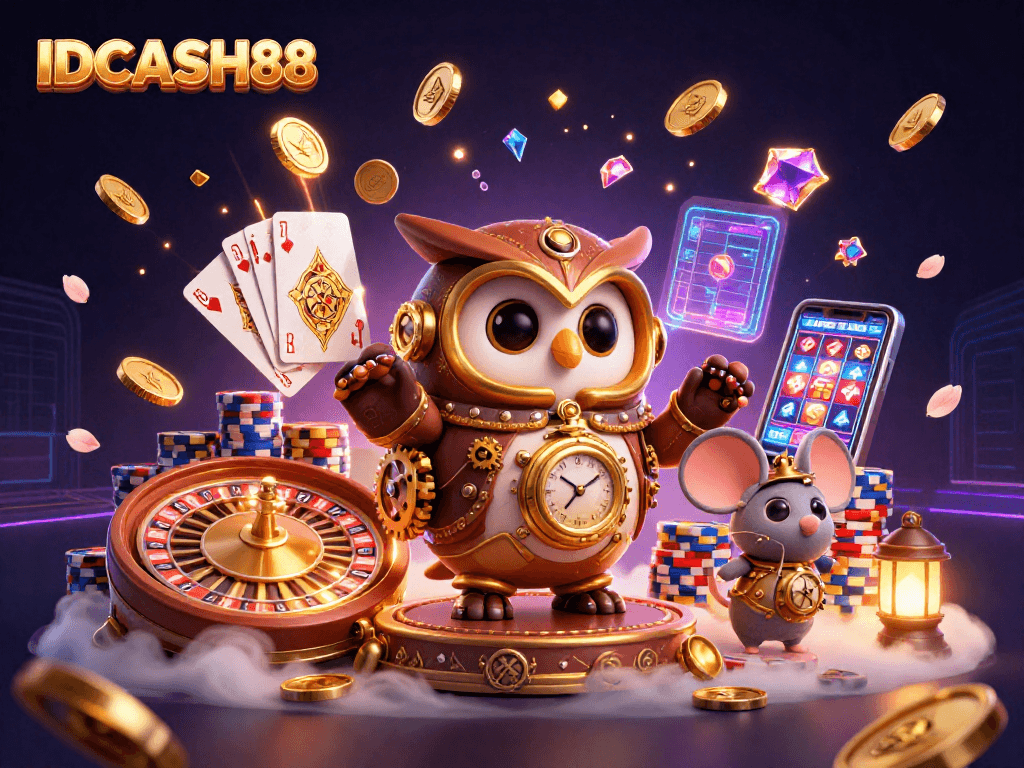 Win big with IDCASH88, featuring a dynamic scene of casino games with charming characters.