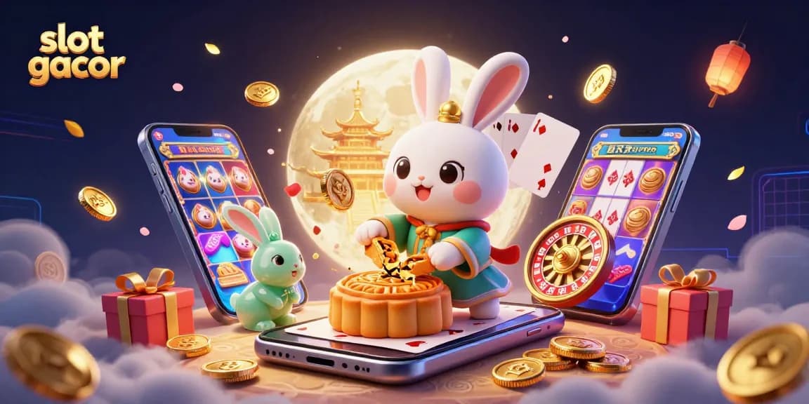 Engage with slot gacor through a lively scene of a moon rabbit creating excitement amid slot games, coins, and poker chips.
