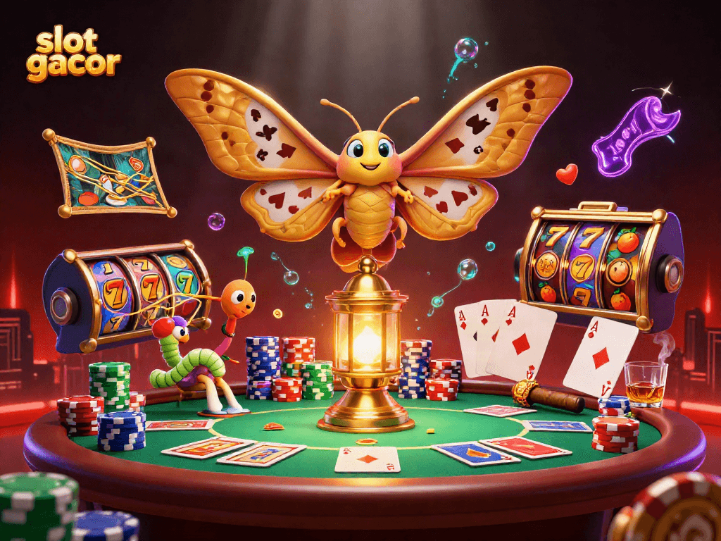 menampilkan slot gacor dengan kupu-kupu raksasa dan suasana kasino yang kaya detail