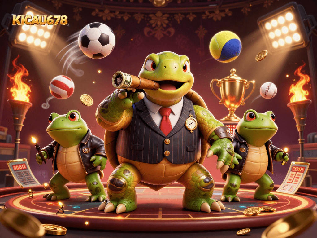 KICAU678 captivates with a vibrant scene of a turtle mobster and bullfrog enforcers amidst sports betting action.