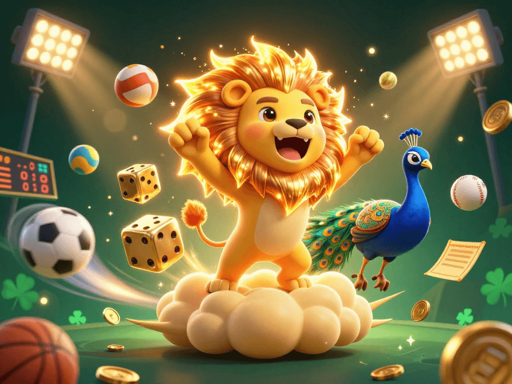 Engage with ON68's vibrant casino scene featuring a roaring sun lion and dynamic sports elements.