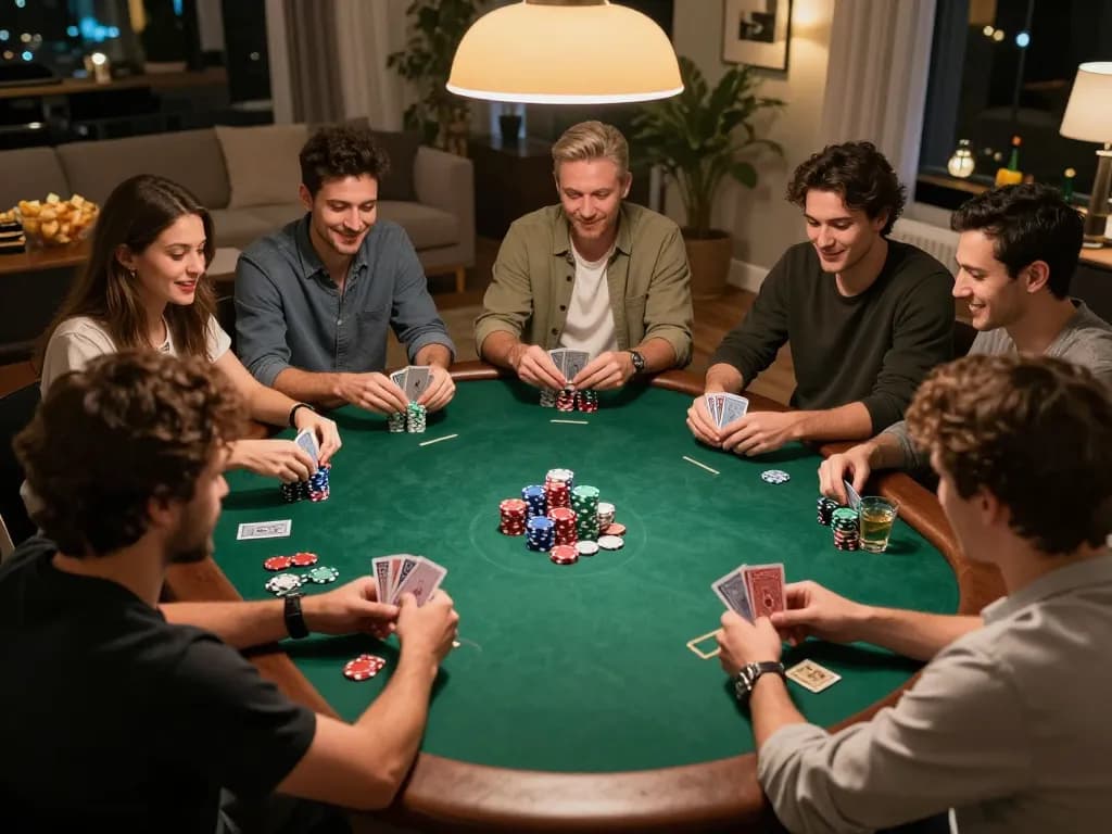 Pemain terlibat dalam permainan poker yang mendebarkan di rumah, menampilkan aksi dan kebersamaan dalam berjudi sambil menggunakan platform alfa 138.