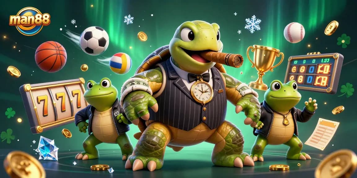 Experience the excitement of man88 with a thrilling 3D casino scene featuring a mobster turtle and bullfrog enforcers.