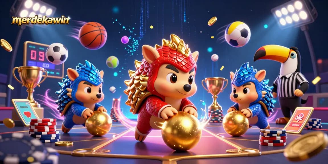 Gambarkan aksi merdekawin dengan pangolin berwarna merah dan biru yang bermain bola emas di atas tumpukan chip poker.