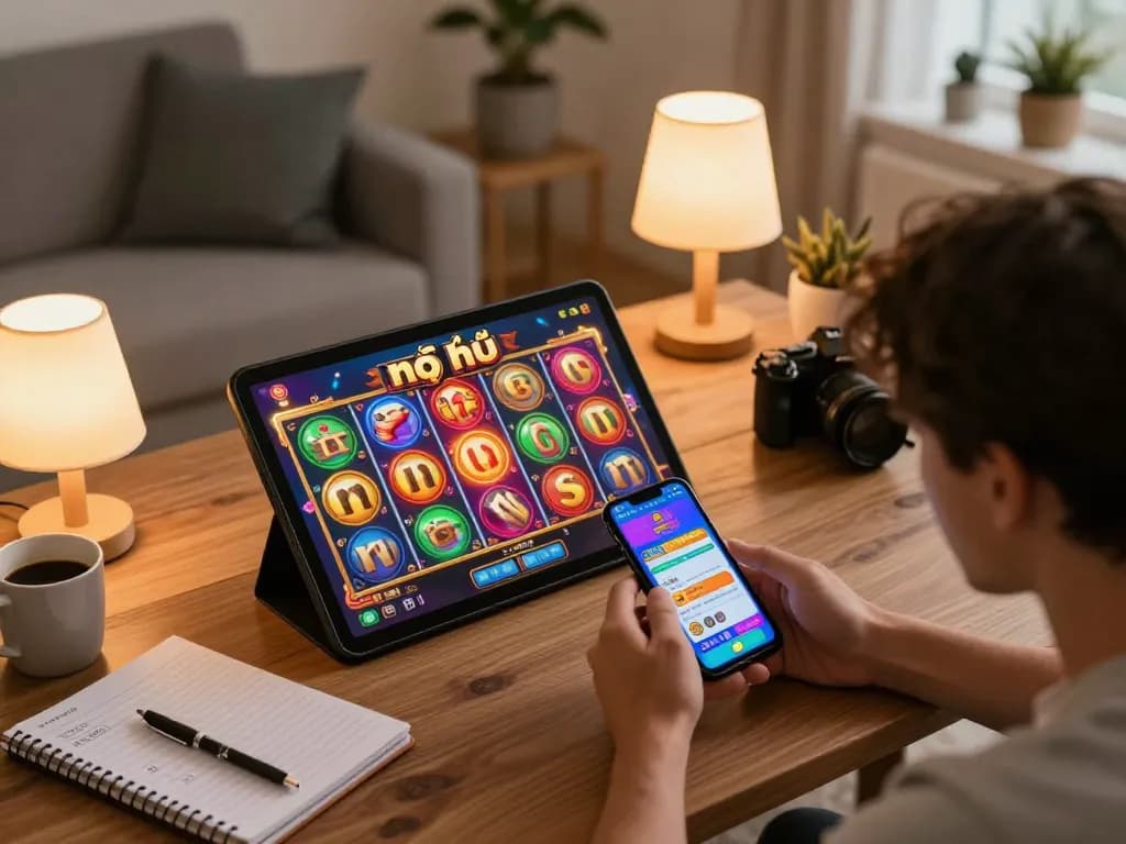 Engaging in a game nổ hũ on a smartphone in a cozy home setting, showcasing strategic gaming.