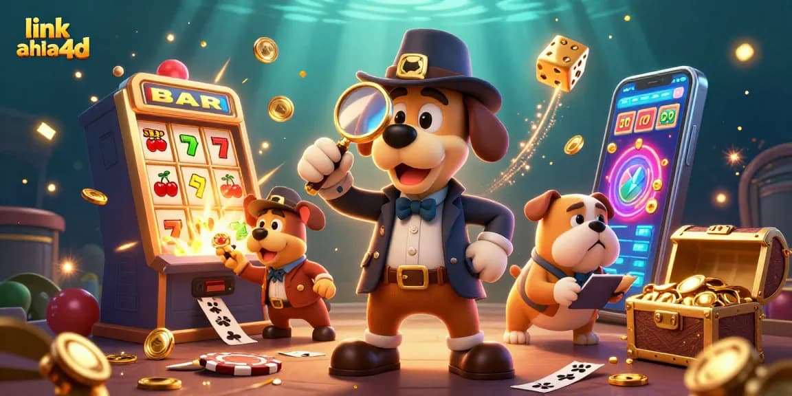 Link ahha4d menampilkan detektif 3D dan mesin slot mengeluarkan koin emas dengan semangat kasino yang kaya.