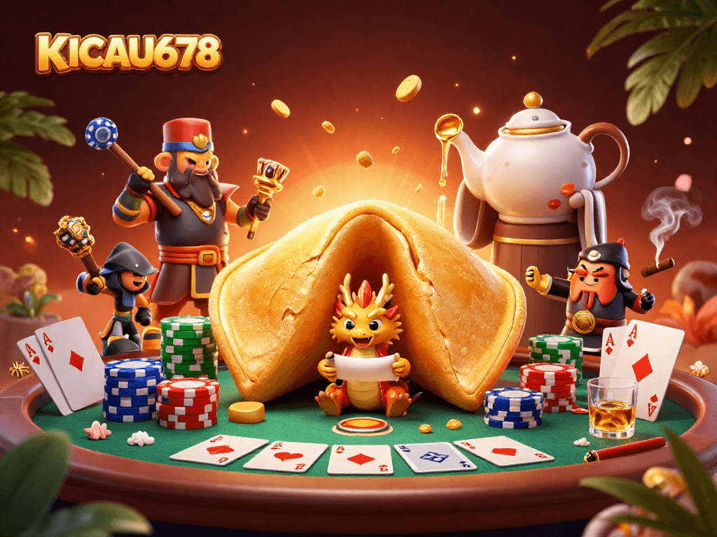 KICAU678 captures the excitement of card games with a delightful 3D casino scene featuring a dragon, fortune cookie, and poker elements.
