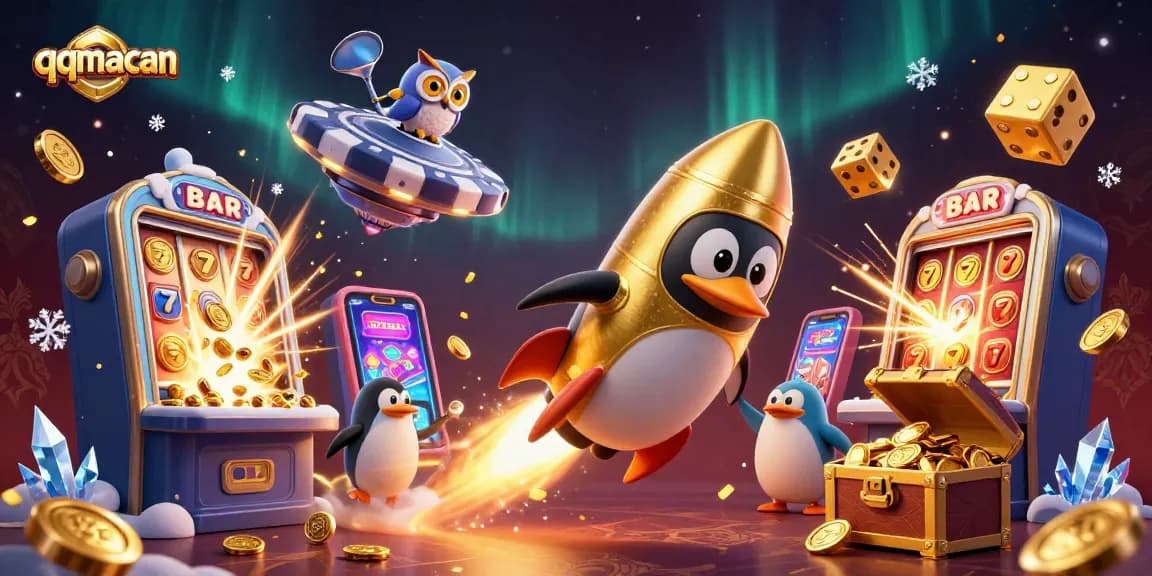 Win big with qqmacan as a cartoon penguin blasts through space towards a jackpot-filled casino!