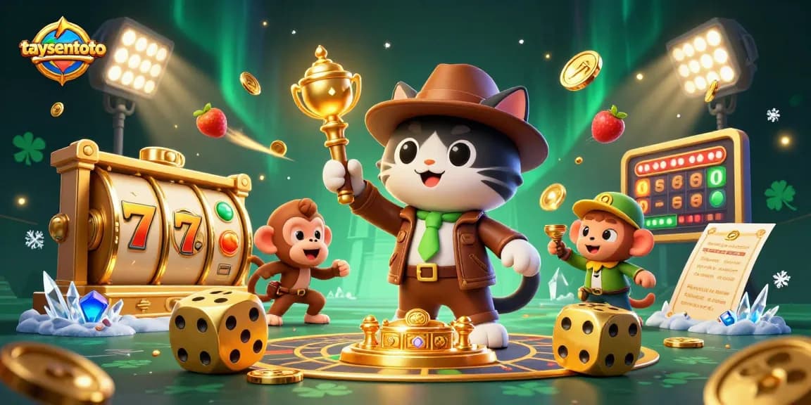 taysentoto menawarkan ilustrasi kasino yang penuh warna dengan penjelajah kucing dan artefak emas