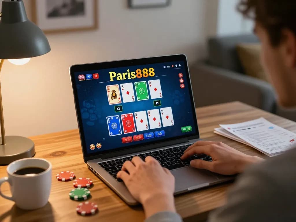 Pemain menikmati permainan blackjack paris888 yang mendebarkan di laptop di rumah, meningkatkan permainan strategis.