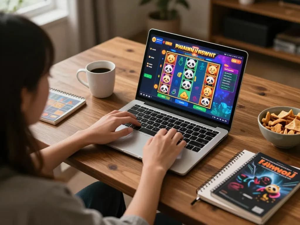 Permainan slot Panda Win di laptop menampilkan grafik yang cerah dalam suasana rumah yang nyaman.