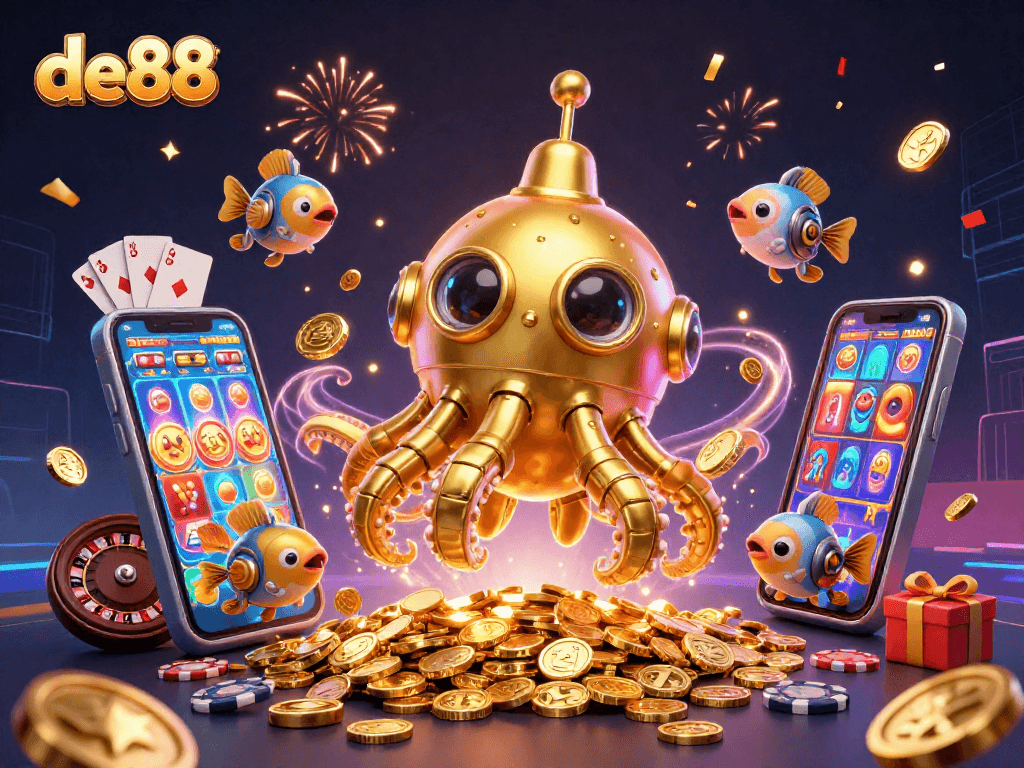 Join the excitement at de88 with a golden kraken submarine amidst a treasure of casino games.