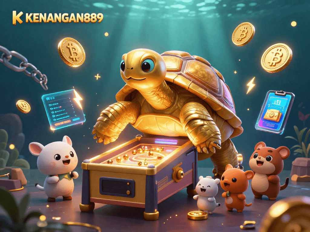 Engage with KENANGAN889 on a vibrant 3D digital illustration featuring a playful casino scene.