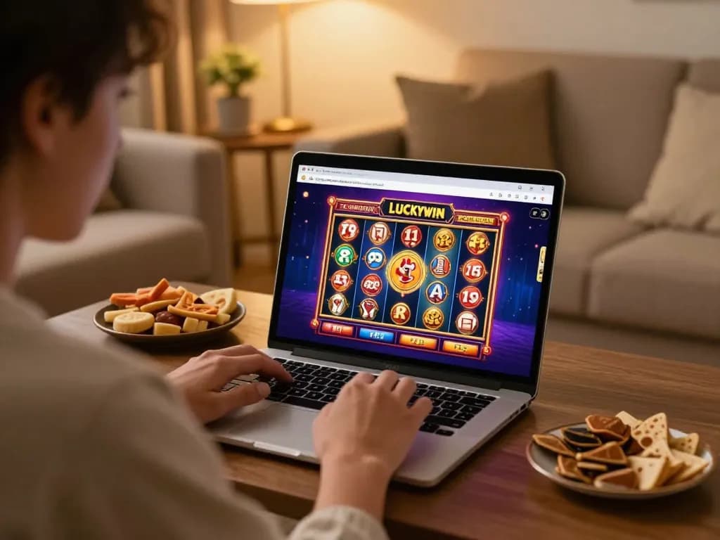 Accessing Đăng nhập Luckywin on a laptop in a cozy living room while enjoying a gaming session.