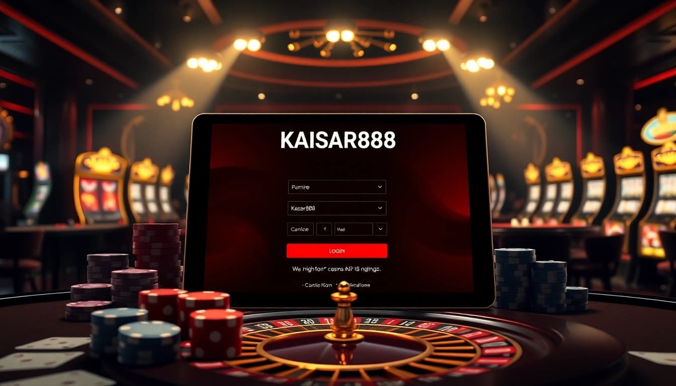 Engaging KAISAR888 login scene showcasing vibrant casino elements like poker chips and cards.