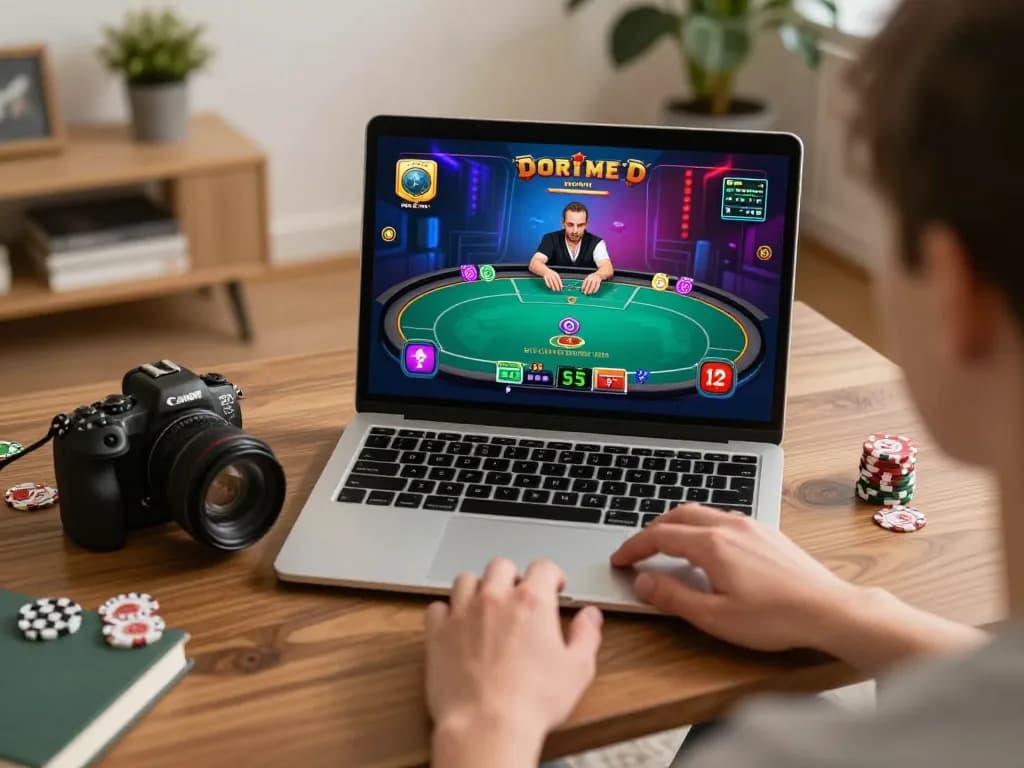 Engaged player using gawang69 online casino on a laptop at home, highlighting strategic gameplay.