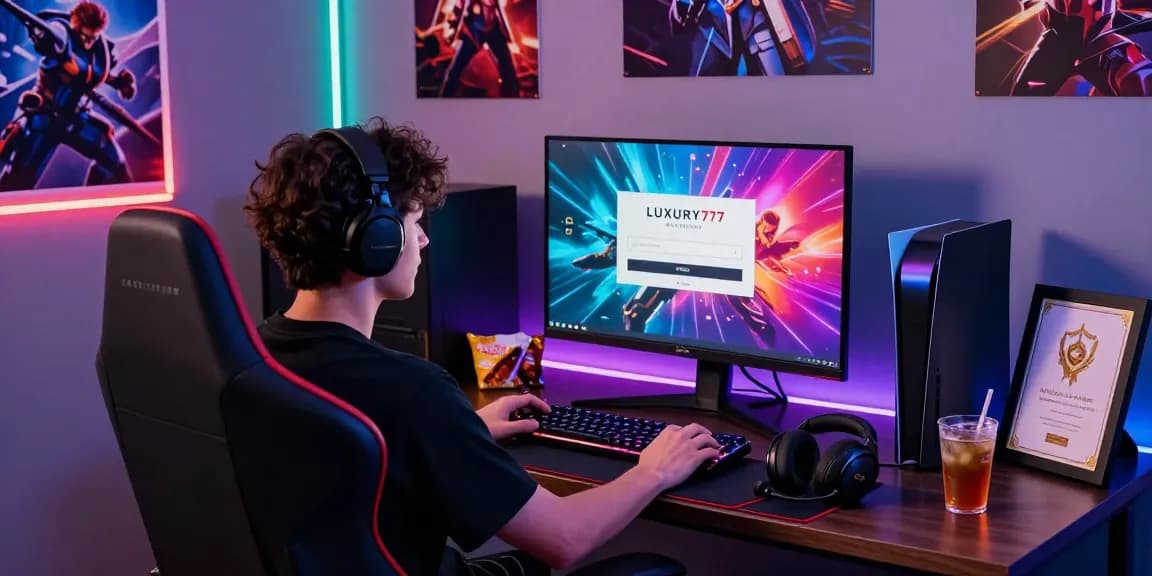 Pengalaman login LUXURY777 dengan pengguna nyaman di kursi gaming dan layar penuh warna.