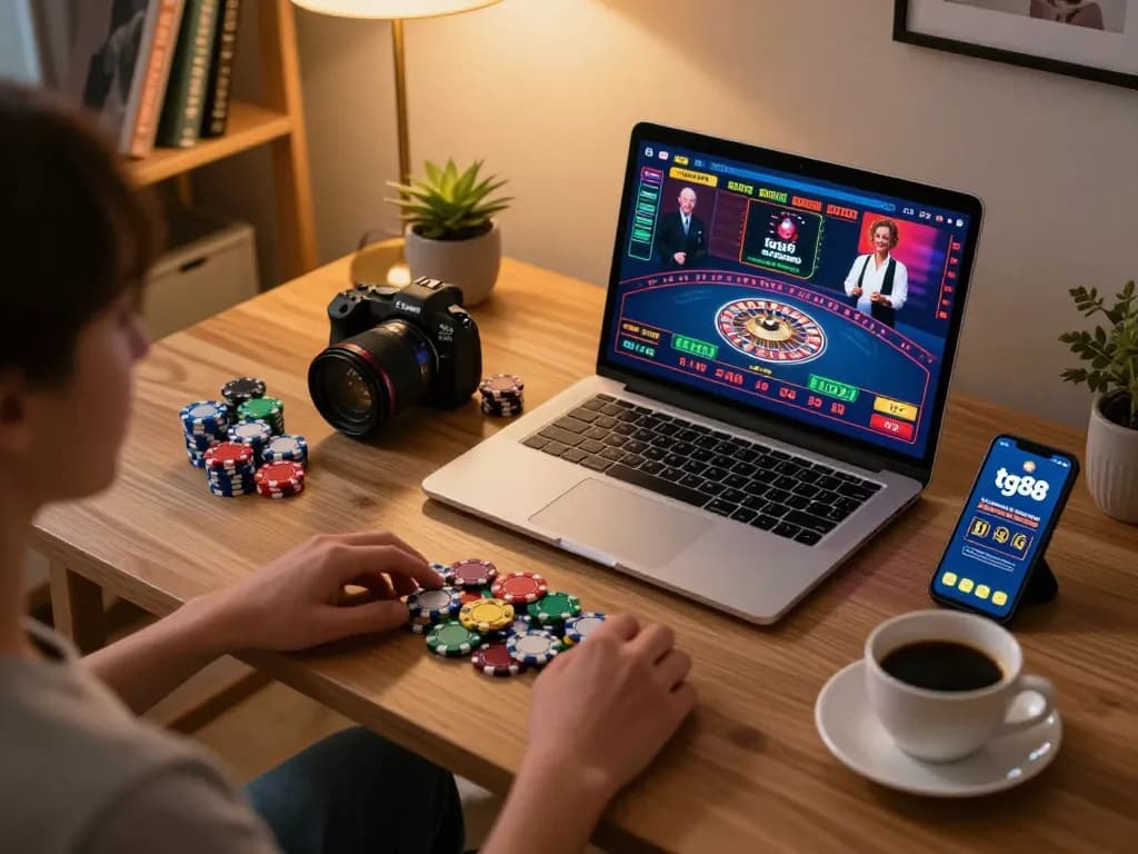 Engaging with tg88 casino app during live dealer roulette at home.