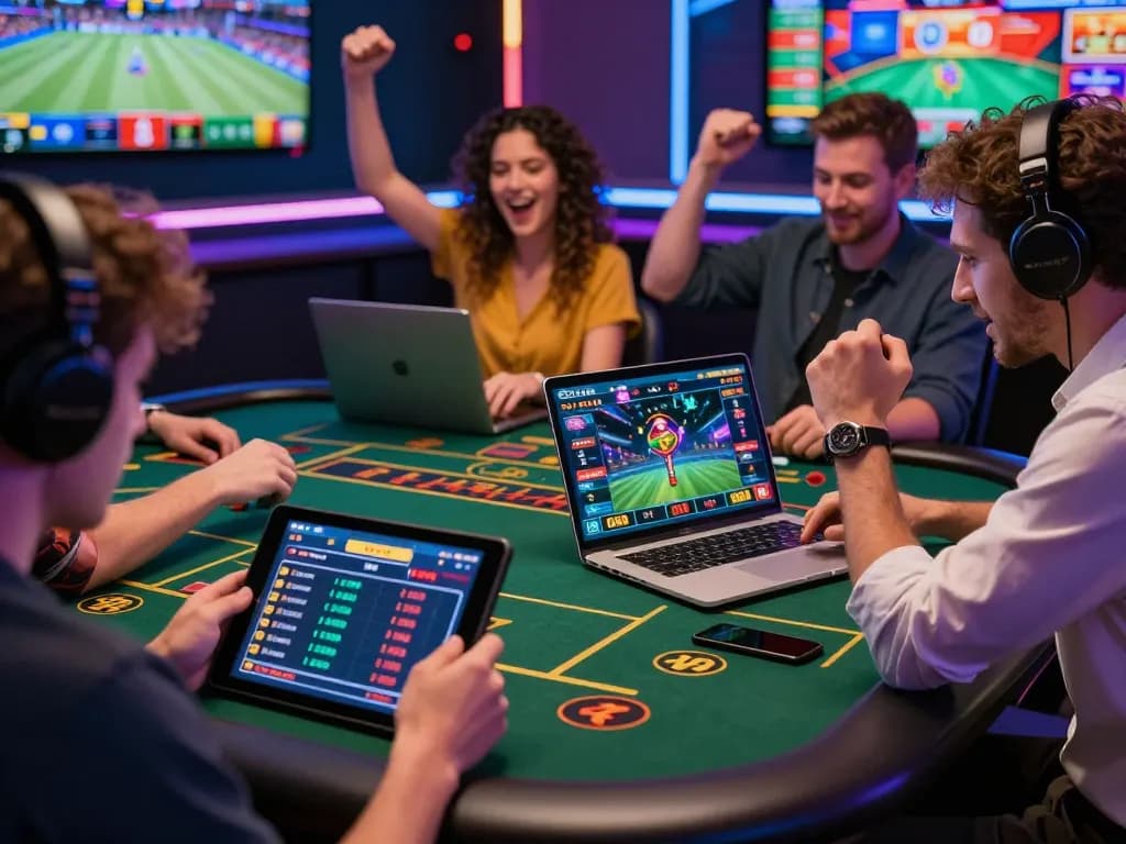 Players engaging with LODE88 online betting platform, showcasing excitement and digital interaction.