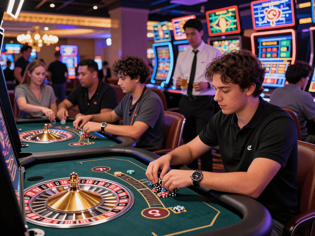 Ratutogel dalam suasana kasino modern, pemain bersemangat di meja roulette.