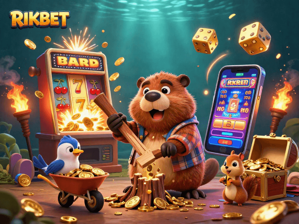 Experience RIKBET's exciting slots with a 3D animated scene of lucky characters collecting gold coins.