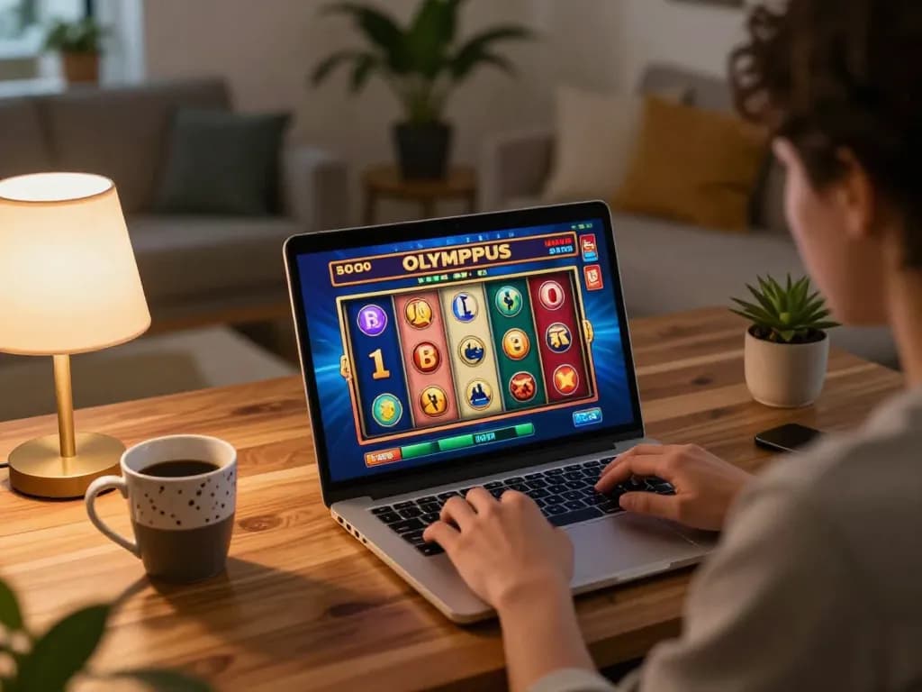 Person engaged in gameplay on slot olympus, showcasing vibrant reels on laptop.