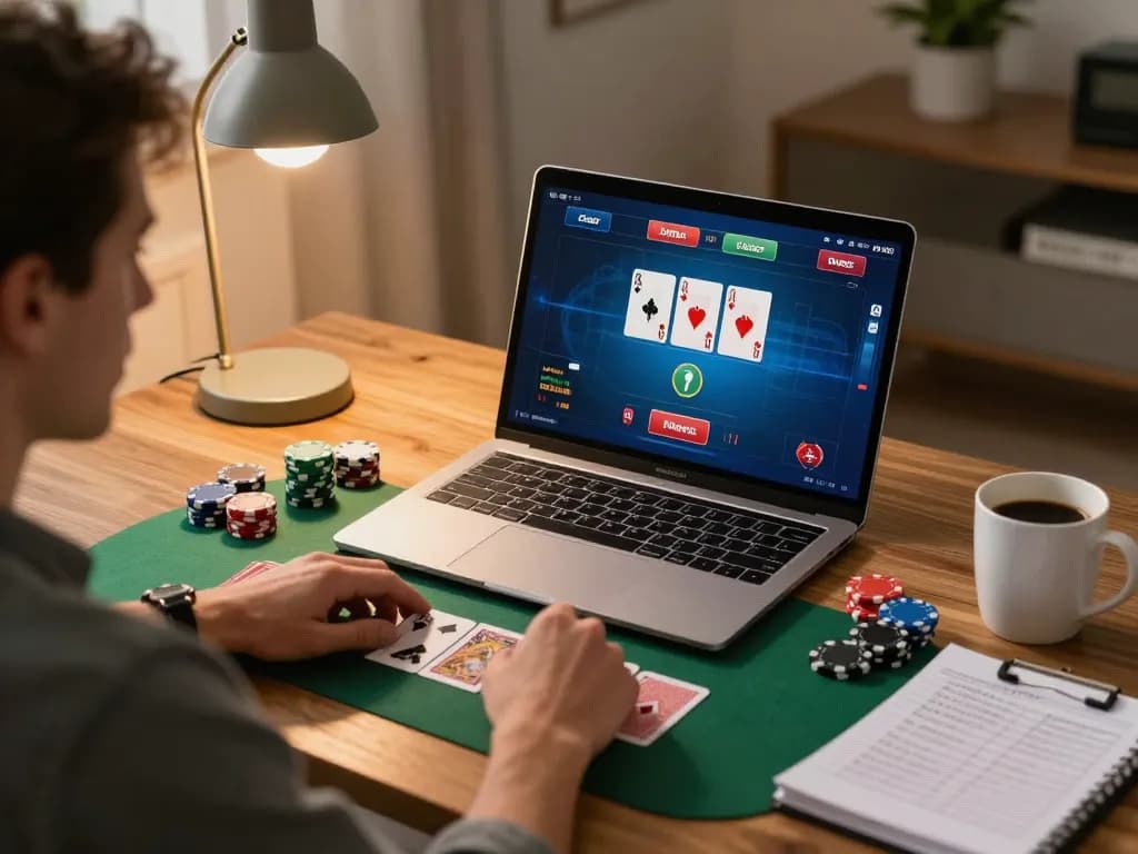 Engage in online gaming with link Sepuhplay featuring exciting blackjack gameplay on a home laptop.