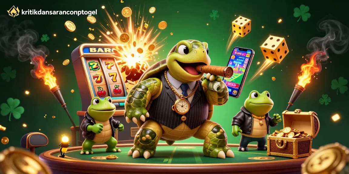 Watch the playful snapping turtle celebrate in a lavish casino scene at kritikdansarancongtogel, surrounded by golden jackpots and lights.