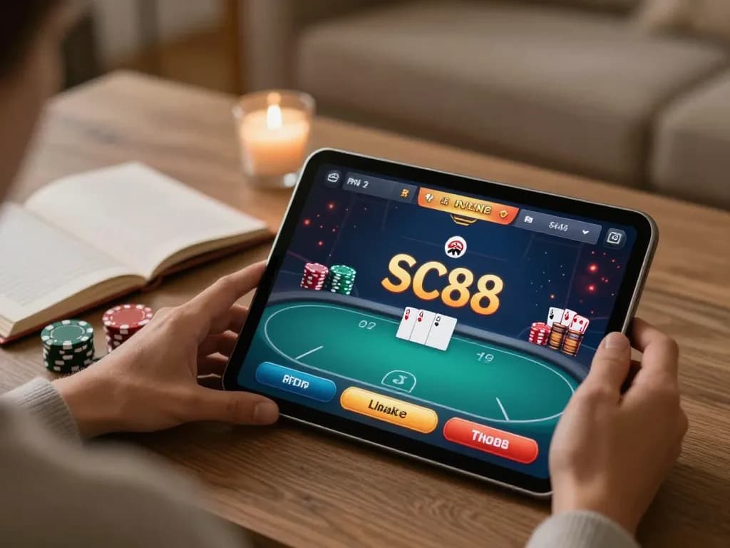 Engaging SC88 online casino gameplay with a cozy home setup and betting strategy notes