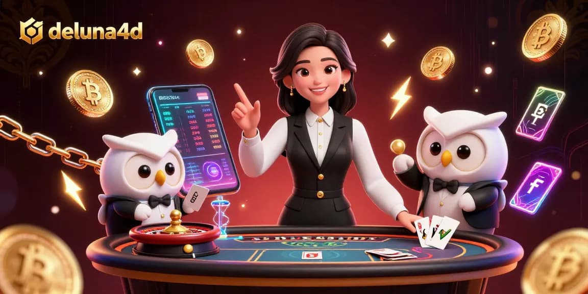 Place bets and win with deluna4d: Interactive 3D casino illustration with vibrant elements and skilled dealers.