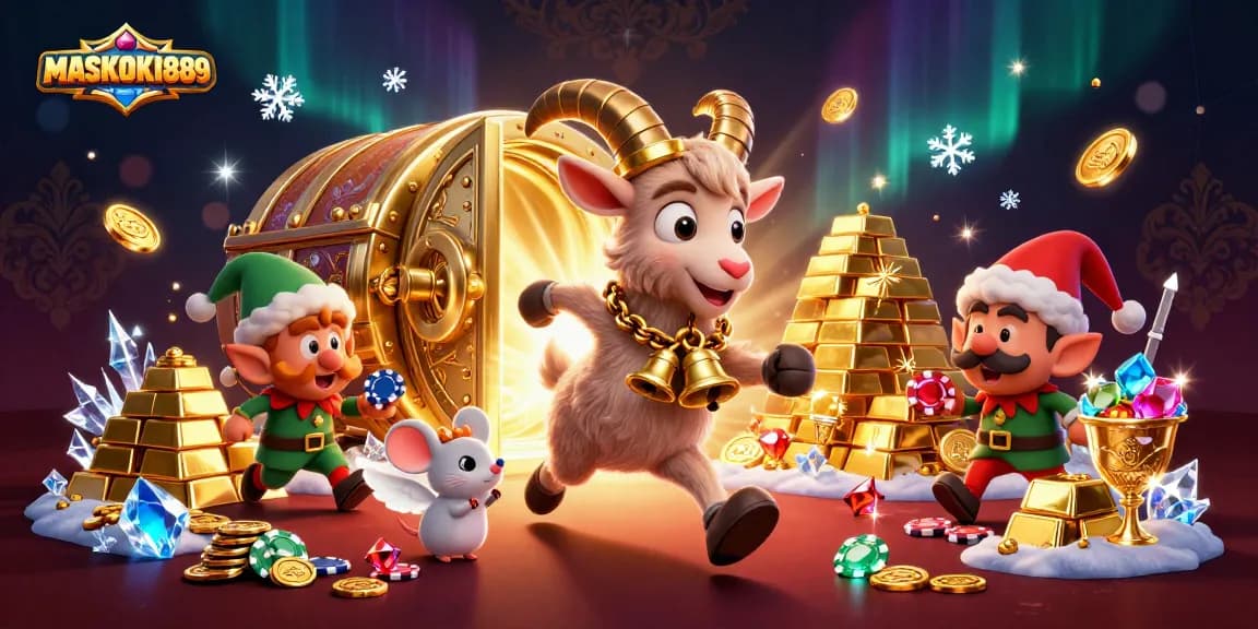 Engage in thrilling gameplay at MASKOKI889 with festive characters amid riches and casino excitement.