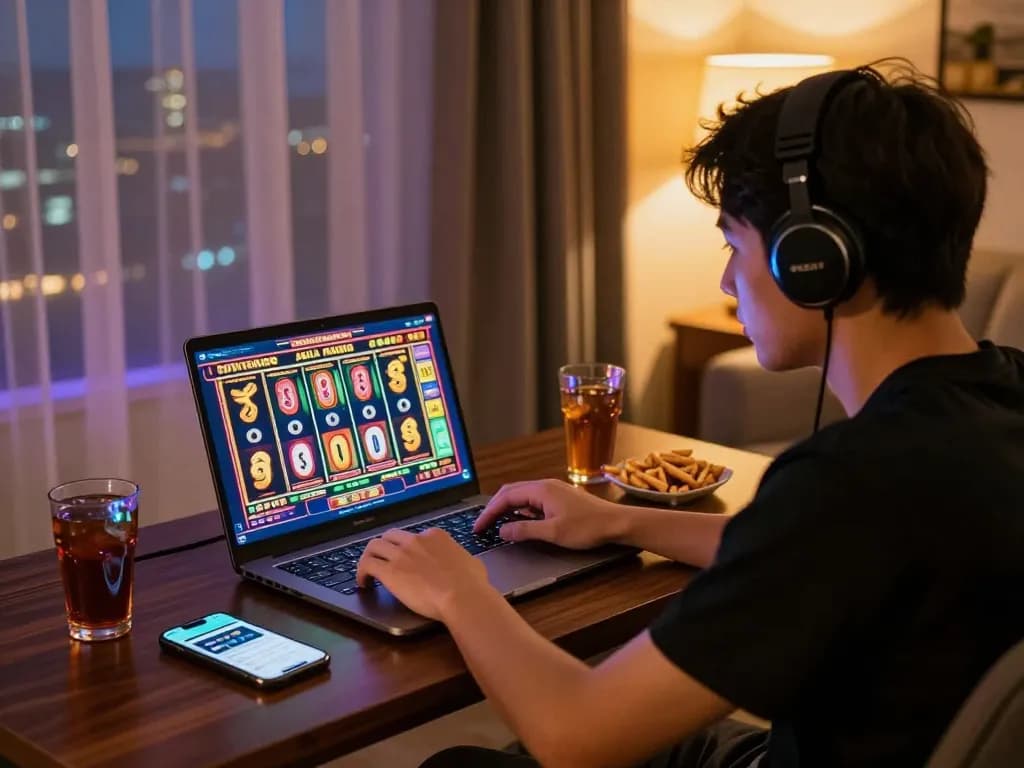 Exciting gaming session with vibrant slot gacor graphics and a player engaged in online gambling.