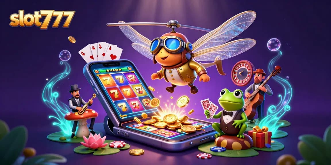 Engage with slot777 excitement through a vibrant casino scene featuring colorful slot reels and dynamic characters.