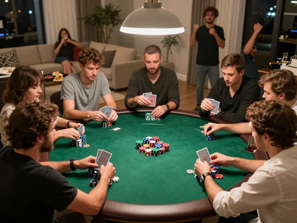 Experience thrilling poker gameplay with samsonbet86 as friends engage in a competitive night at home.