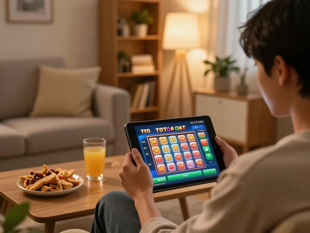 Engaging in toto slot 4d gameplay on a tablet in a cozy home setting