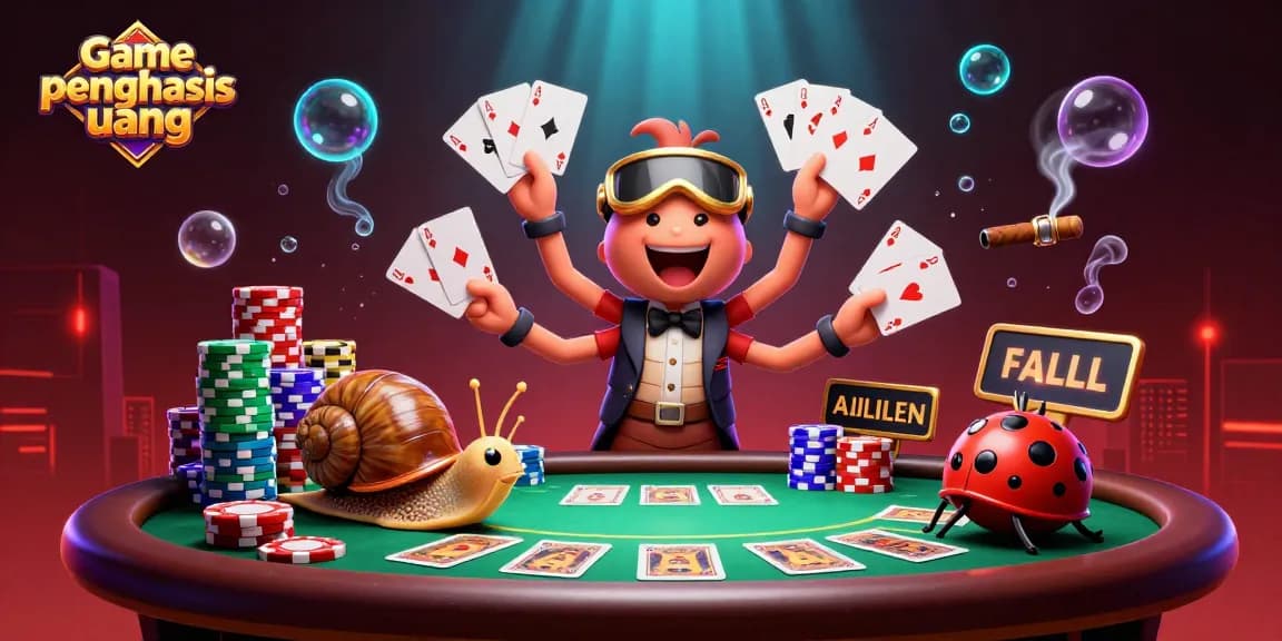 Permainan game penghasil uang dengan dealer unik dan tumpukan chip menarik.