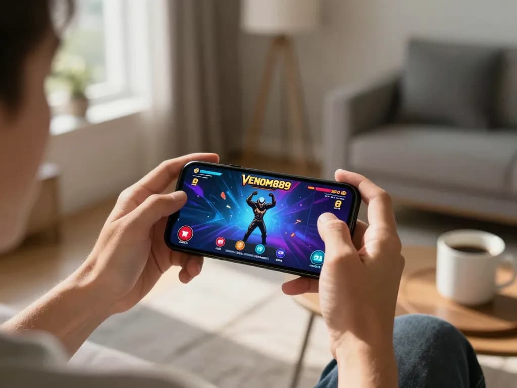 Experience the thrill of gaming with VENOM889 Login on mobile, showing a joyful player.