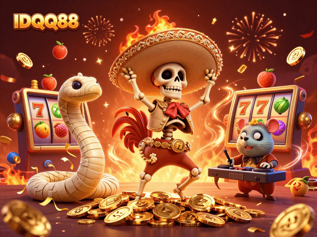 Experience vibrant thrills at IDQQ88 with a lively casino celebration scene featuring animated characters.
