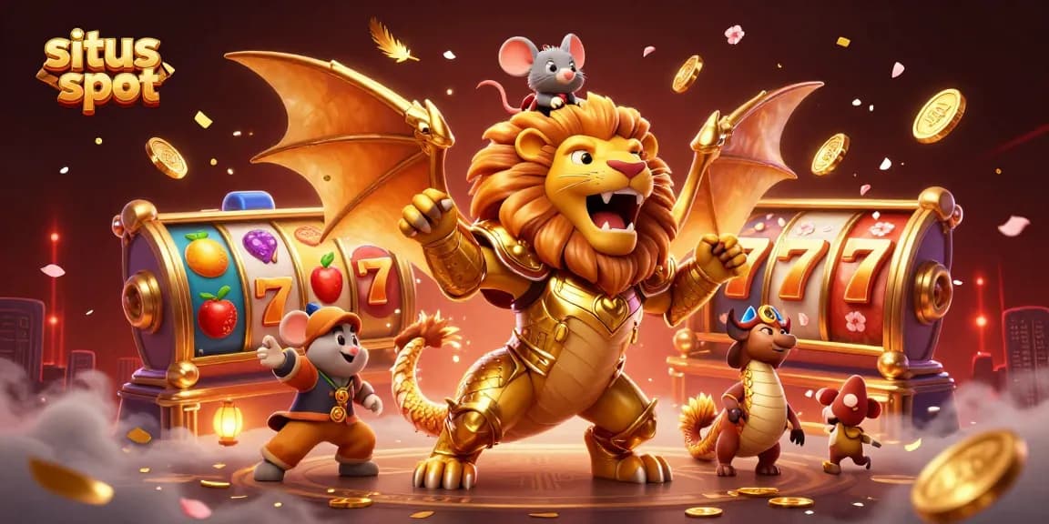 Experience the excitement of situs slot with a vibrant, dynamic 3D casino scene featuring spinning reels and big wins.