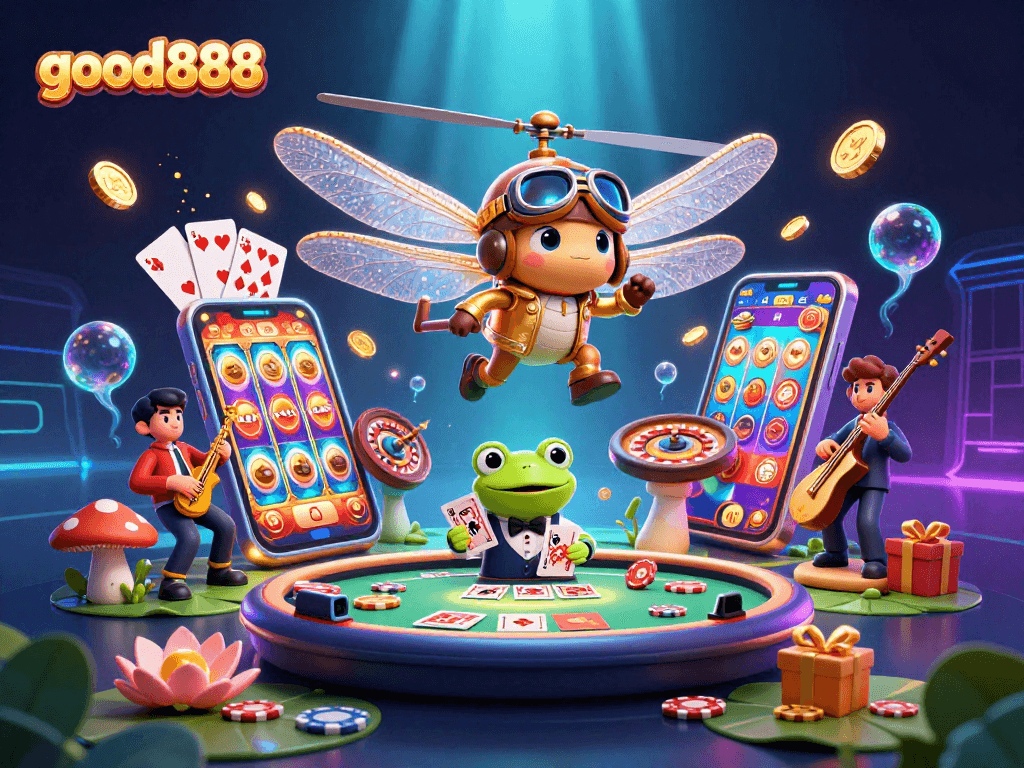 Experience thrilling gaming at good888 with a vibrant scene showcasing a dragonfly pilot and frog croupier in action.