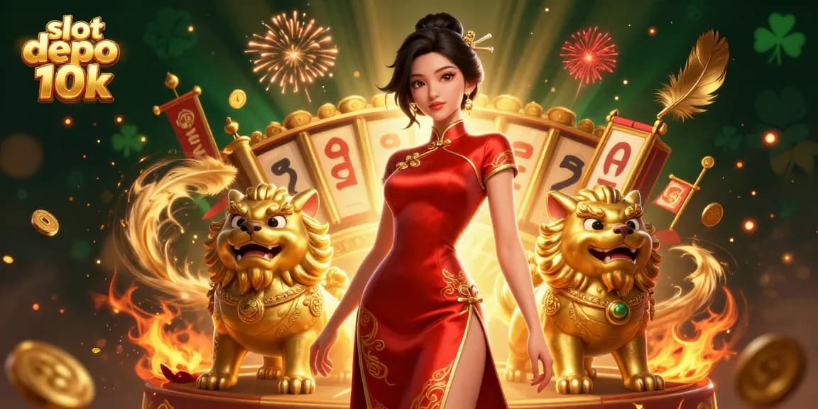 Experience the excitement of slot depo 10k with dynamic gameplay featuring a glamorous woman and golden foo dogs.