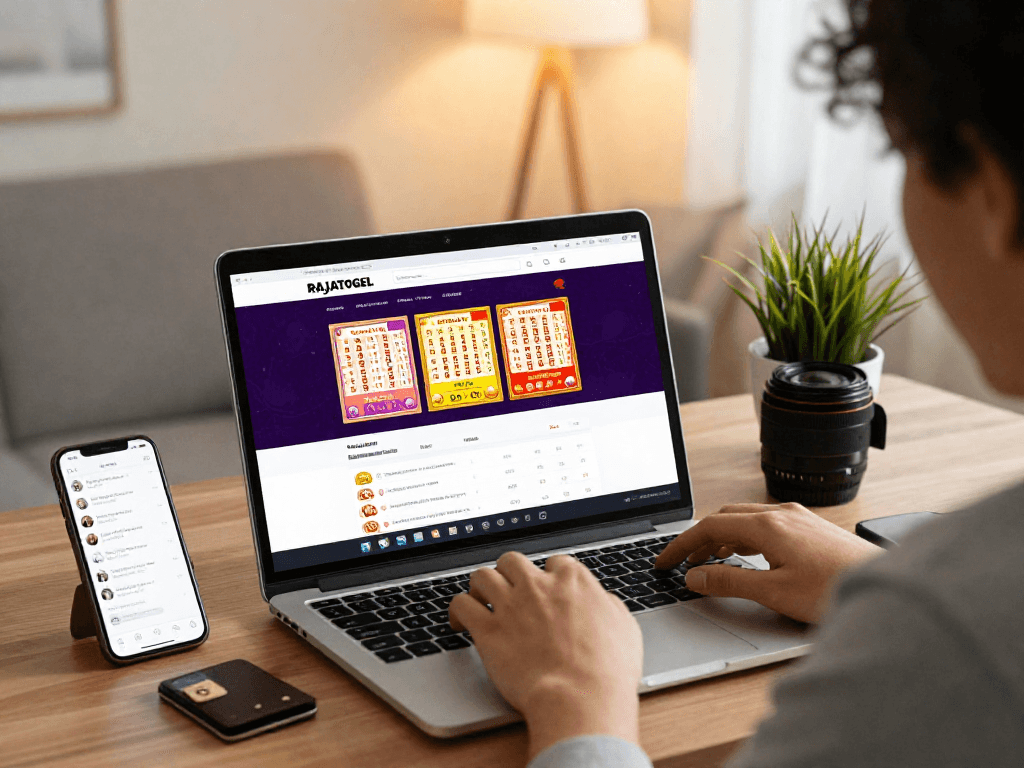 Pengguna RAJATOGEL menjelajahi platform togel online dengan laptop dan smartphone di meja kerja.