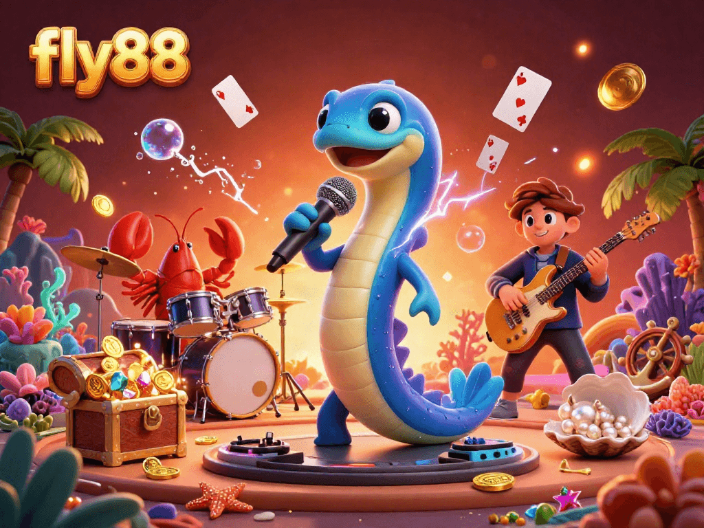 Experience the excitement of fly88 with a vibrant underwater casino scene featuring a DJ eel and lively band.