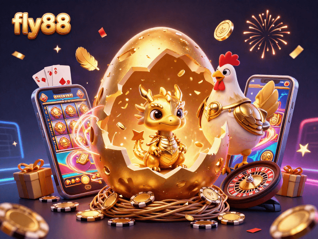 Experience the excitement of fly88 with a golden dragon and poker chips in a vibrant casino scene.