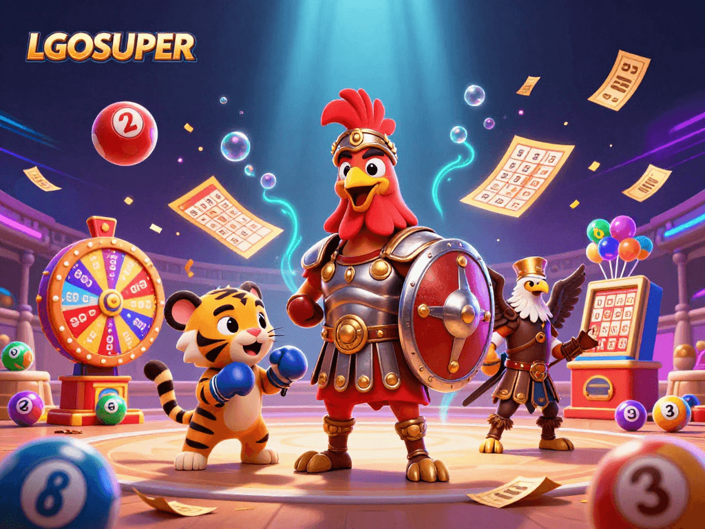 Engage in LGOSUPER’s vibrant gaming world with dynamic lottery balls and casino elements.