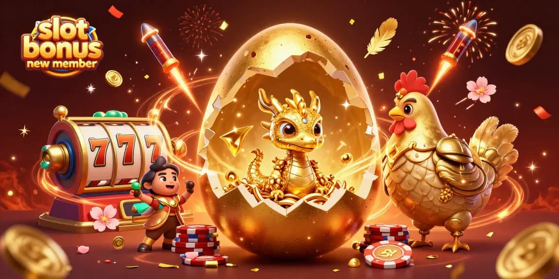 Menangkan slot bonus new member dengan visual menarik dari naga emas dan chip poker.