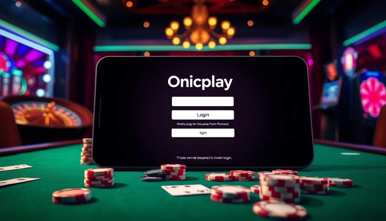 Engage with the Onicplay login interface amidst a vibrant casino setting, featuring cards and chips.